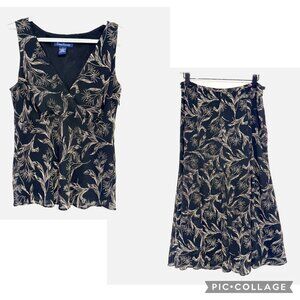 Evan-Picone Black Floral Sleeveless Top & Midi Skirt Set Womens Size 6